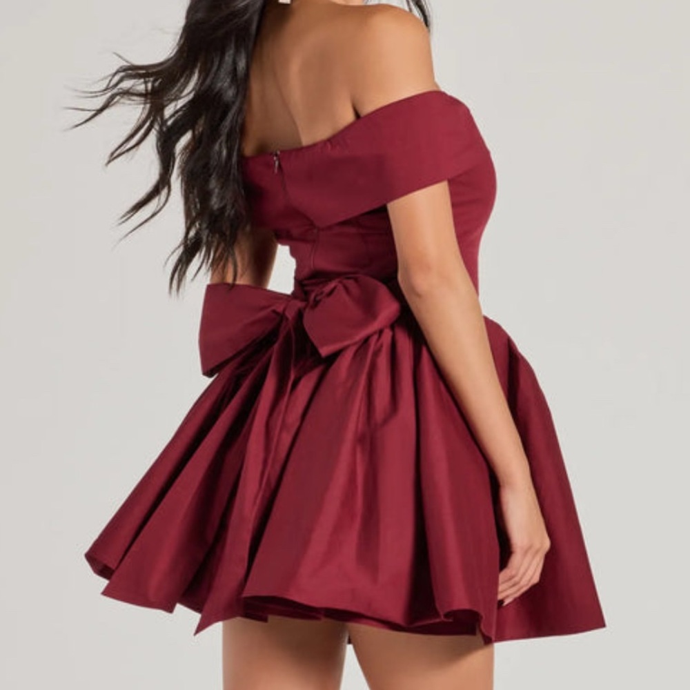 Holiday Burgundy Mini Dress with Bow Tie Back